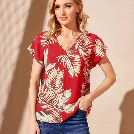 Leaf Print V Neck Blouse, Casual Short Sleeve Blouse For Spring & Summer, Women's Clothing