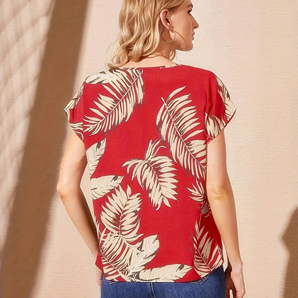 Leaf Print V Neck Blouse, Casual Short Sleeve Blouse For Spring & Summer, Women's Clothing