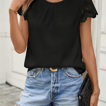 Lace Splicing Crew Neck Blouse, Casual Short Sleeve Top For Spring & Summer, Women's Clothing