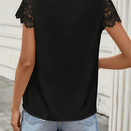 Lace Splicing Crew Neck Blouse, Casual Short Sleeve Top For Spring & Summer, Women's Clothing