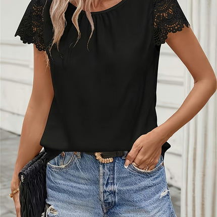 Lace Splicing Crew Neck Blouse, Casual Short Sleeve Top For Spring & Summer, Women's Clothing