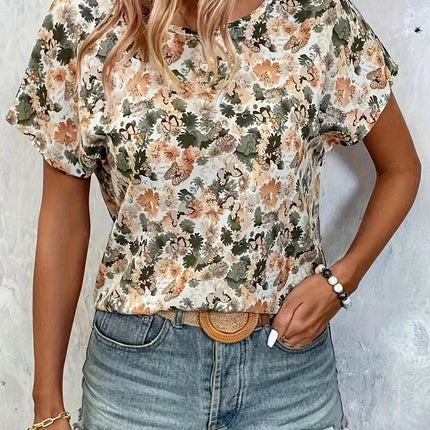 Floral Print Crew Neck Blouse, Elegant Short Sleeve Blouse Top For Spring & Summer, Women's Clothing