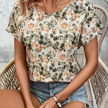 Floral Print Crew Neck Blouse, Elegant Short Sleeve Blouse Top For Spring & Summer, Women's Clothing