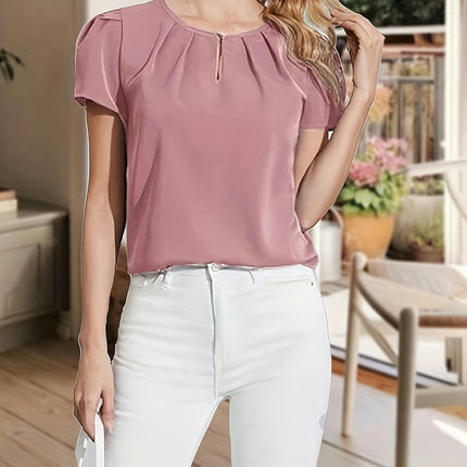 Solid Color Crew Neck Blouse,Short Sleeve Blouse For Spring & Summer, Women's Clothing