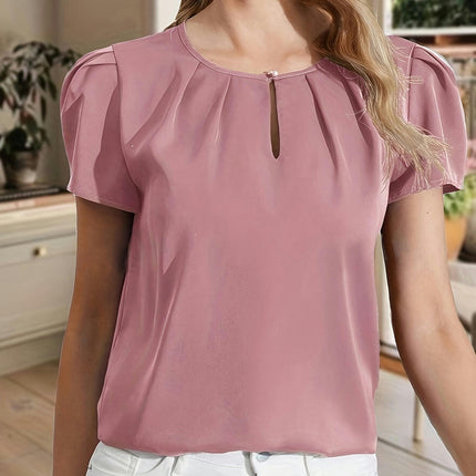 Solid Color Crew Neck Blouse,Short Sleeve Blouse For Spring & Summer, Women's Clothing