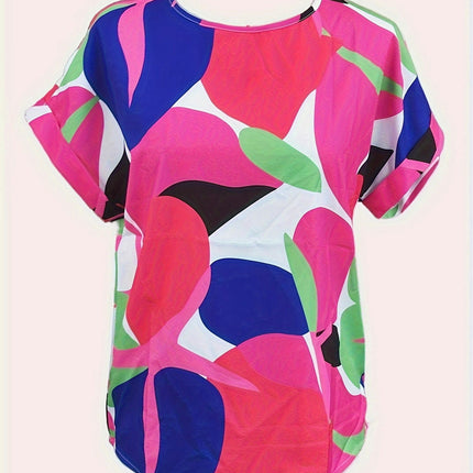 Vibrant Colorblock Crew Neck Loose Fit Blouse Short Sleeve for Summer, Womens Casual Clothing