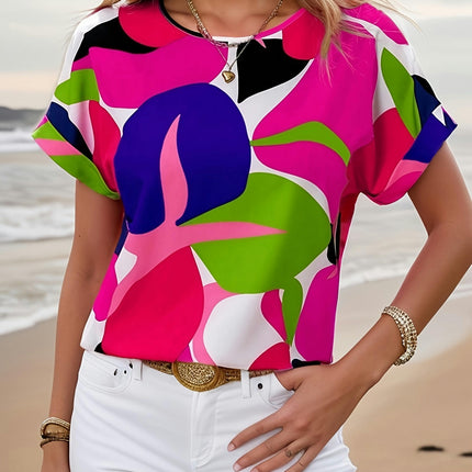 Vibrant Colorblock Crew Neck Loose Fit Blouse Short Sleeve for Summer, Womens Casual Clothing