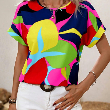 Vibrant Colorblock Crew Neck Loose Fit Blouse Short Sleeve for Summer, Womens Casual Clothing