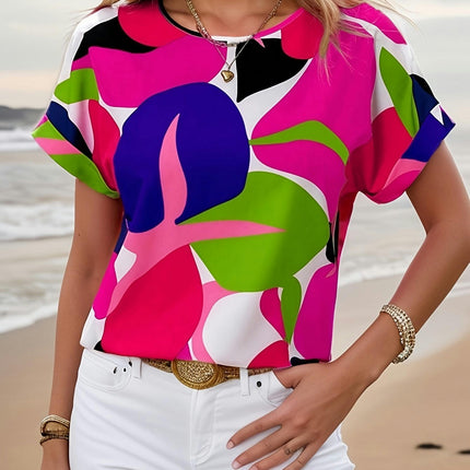 Vibrant Colorblock Crew Neck Loose Fit Blouse Short Sleeve for Summer, Womens Casual Clothing