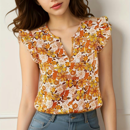 Floral Print Ruffle Trim Blouse,Notched Neck Blouse For Spring & Summer, Women's Clothing