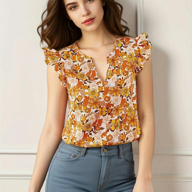 Floral Print Ruffle Trim Blouse,Notched Neck Blouse For Spring & Summer, Women's Clothing