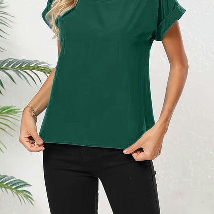 Women's Casual Rolled Sleeve Short Sleeve Shirt, Round Neck All Seasons, Top for Adults