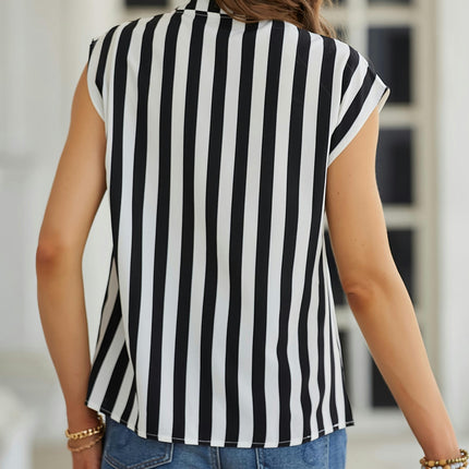 Striped Summer Blouse for Women - Chic Notched Neck, Breathable Fabric Blouse