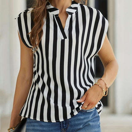 Striped Summer Blouse for Women - Chic Notched Neck, Breathable Fabric Blouse