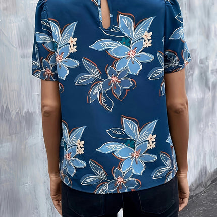 Floral Print Ruched Front Blouse - Women's Short Sleeve Vacation Top for Spring & Summer