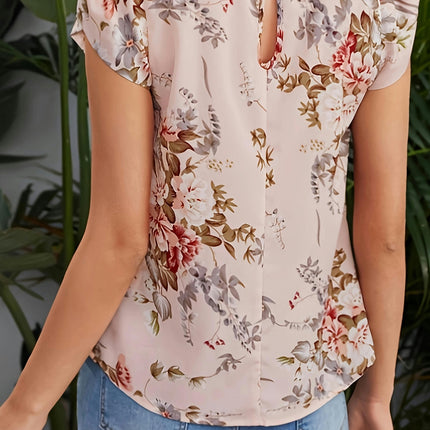 Charming Floral Print Blouse-Feminine Crew Neck with Petal Sleeves-Light & Breathable for Summer