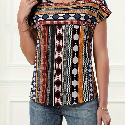 Stripe Print Crew Neck Blouse for Women - Durable, Easy-Care, Perfect for Spring & Summer