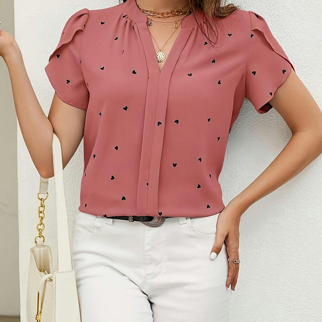 Heart Print V-Neck Blouse for Women - Casual Blouse Machine Washable, All-Season Comfort