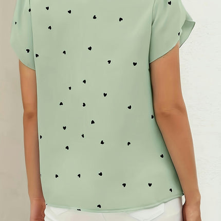 Heart Print V-Neck Blouse for Women - Casual Blouse Machine Washable, All-Season Comfort