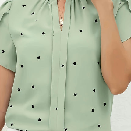 Heart Print V-Neck Blouse for Women - Casual Blouse Machine Washable, All-Season Comfort