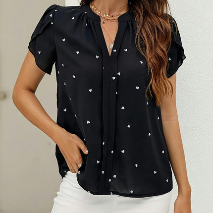 Heart Print V-Neck Blouse for Women - Casual Blouse Machine Washable, All-Season Comfort