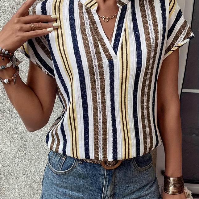 Striped V Neck Blouse, Elegant Short Sleeve Blouse For Spring & Summer, Women's Clothing