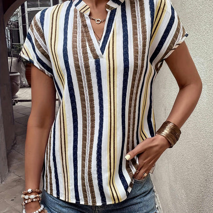 Striped V Neck Blouse, Elegant Short Sleeve Blouse For Spring & Summer, Women's Clothing