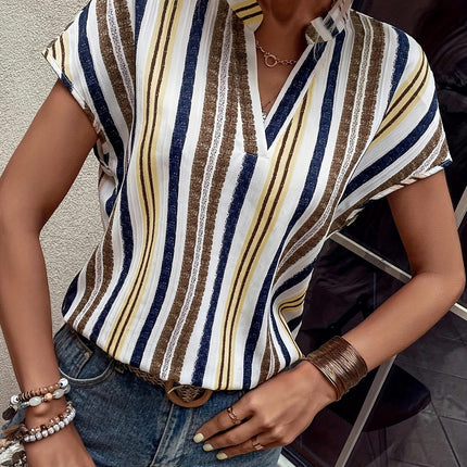 Striped V Neck Blouse, Elegant Short Sleeve Blouse For Spring & Summer, Women's Clothing