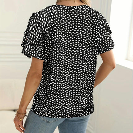 Full Printed Ruffle Trim Blouse -Short Sleeve Crew Neck Women's Clothing for Everyday Wear