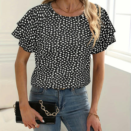 Full Printed Ruffle Trim Blouse -Short Sleeve Crew Neck Women's Clothing for Everyday Wear