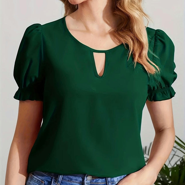 Keyhole Neck Women's Clothing Blouse, Elegant Puff Sleeve Top For Spring & Summer