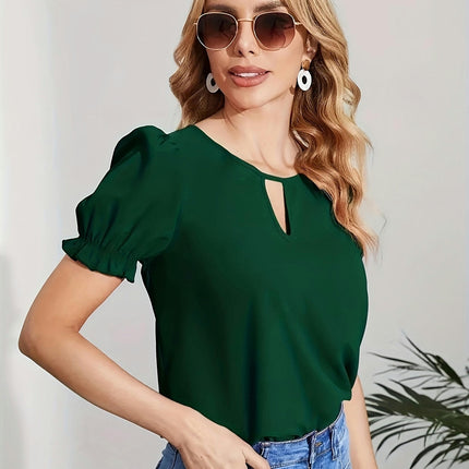 Keyhole Neck Women's Clothing Blouse, Elegant Puff Sleeve Top For Spring & Summer