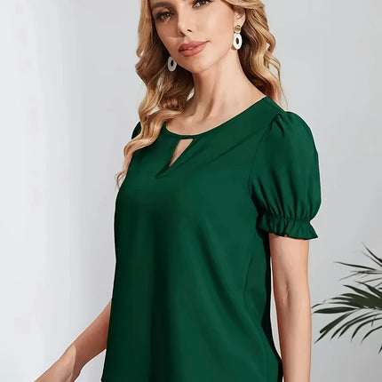 Keyhole Neck Women's Clothing Blouse, Elegant Puff Sleeve Top For Spring & Summer