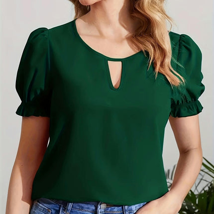 Keyhole Neck Women's Clothing Blouse, Elegant Puff Sleeve Top For Spring & Summer