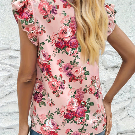 Women's Floral Print Ruffle Blouse - Polyester Round Neck Adult Shirt for All Seasons