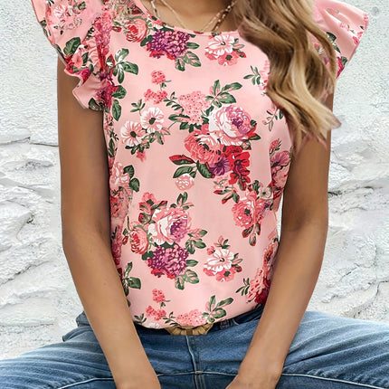 Women's Floral Print Ruffle Blouse - Polyester Round Neck Adult Shirt for All Seasons