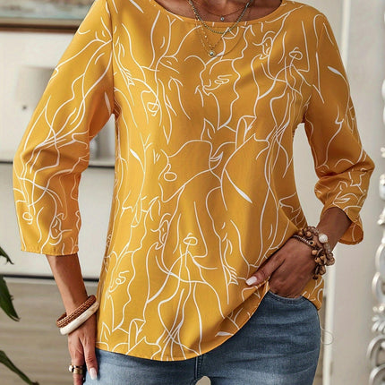 Women's Crew Neck Blouse - Long Sleeve Spring & Fall Top, Line Print, Classic Style