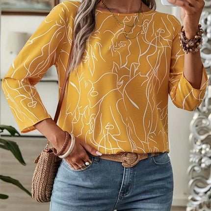 Women's Crew Neck Blouse - Long Sleeve Spring & Fall Top, Line Print, Classic Style