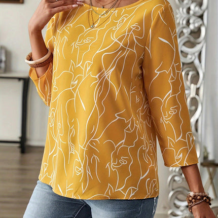 Women's Crew Neck Blouse - Long Sleeve Spring & Fall Top, Line Print, Classic Style