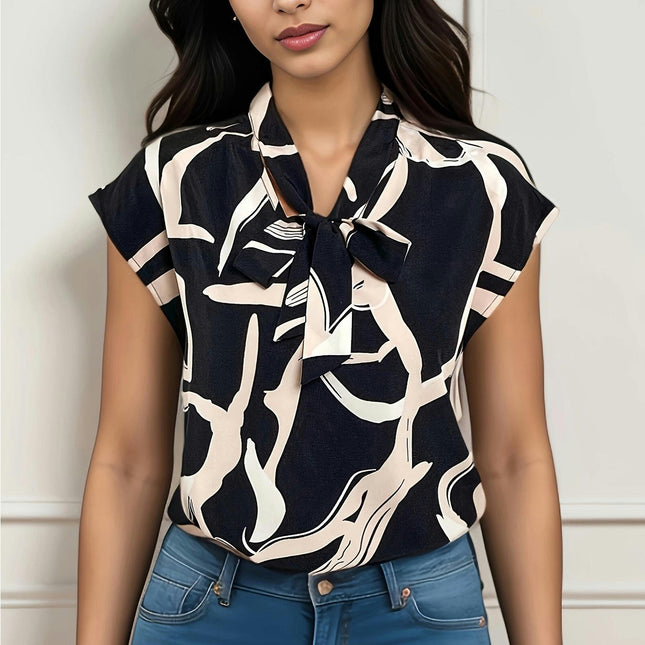 Abstract Print Blouse for Spring and Summer Tie Neck Detail-Womens Clothing for Warm Weather