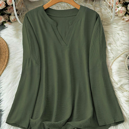 Solid Color Notched Neck Blouse-Women's Clothing-Long Sleeve,Casual Top for Spring & Fall Seasons