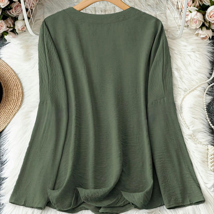 Solid Color Notched Neck Blouse-Women's Clothing-Long Sleeve,Casual Top for Spring & Fall Seasons