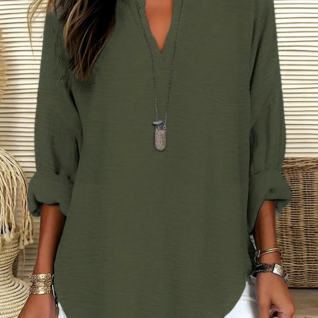 Solid Color Notched Neck Blouse-Women's Clothing-Long Sleeve,Casual Top for Spring & Fall Seasons