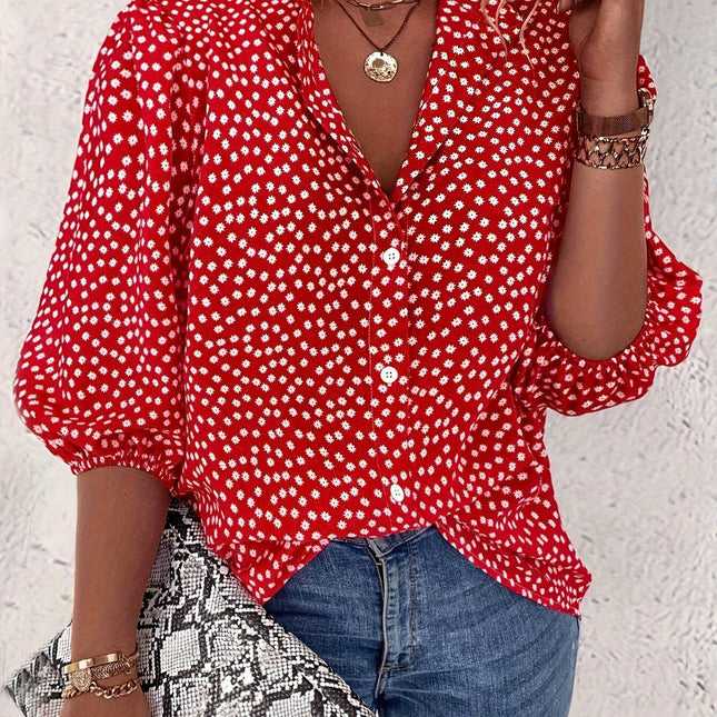 Floral Print Button Front Blouse, Casual Lantern Sleeve Blouse For Summer, Women's Clothing