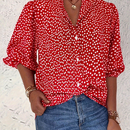 Floral Print Button Front Blouse, Casual Lantern Sleeve Blouse For Summer, Women's Clothing