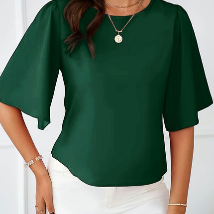 Solid Crew Neck Blouse, Elegant Ruffle Sleeve Blouse, Women's Clothing