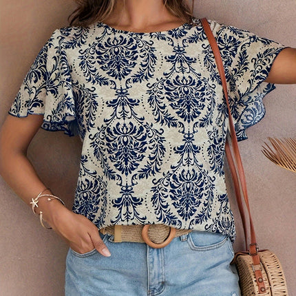 Vintage Graphic Print Blouse Flutter Sleeve Loose Blouse For Spring & Summer, Women's Clothing