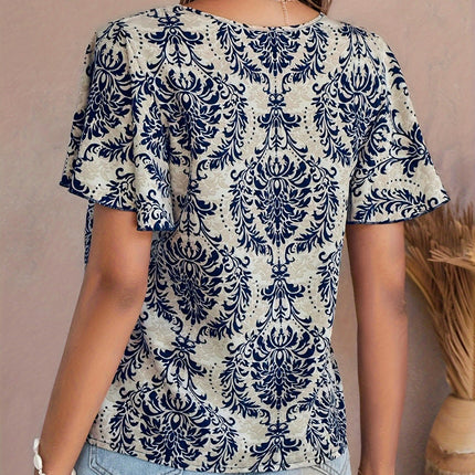 Vintage Graphic Print Blouse Flutter Sleeve Loose Blouse For Spring & Summer, Women's Clothing