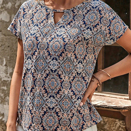 Vibrant Damask Print Crew Neck Blouse - Women's Casual Short Sleeve Blouses for Spring & Summer