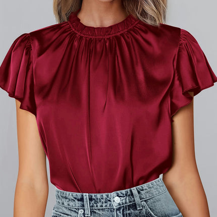 Solid Color Flutter Sleeve Blouse,Mock Neck Simple Blouse For Spring & Summer, Women's Clothing